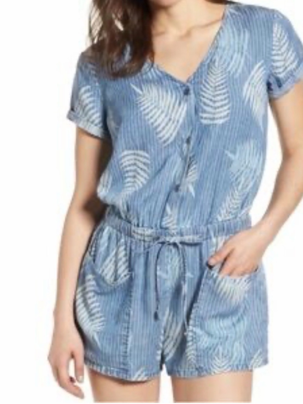 Billy T Light Blue Leaf-Print Short Romper, XS